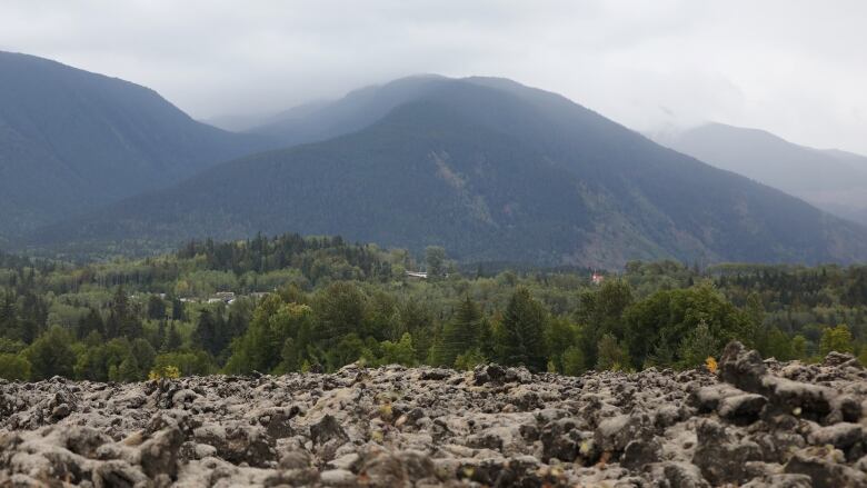 Lava beds are shown below a volcano.