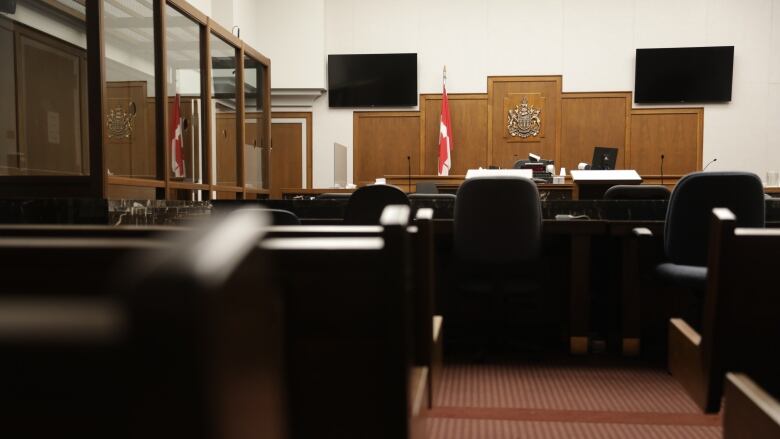 The interior of an empty courtroom at Court of King's Bench in Regina.