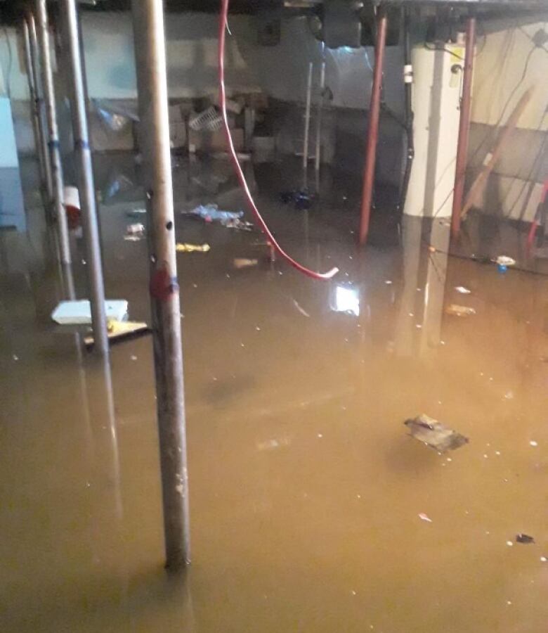 The basement of a home filled with muddy floodwaters. 