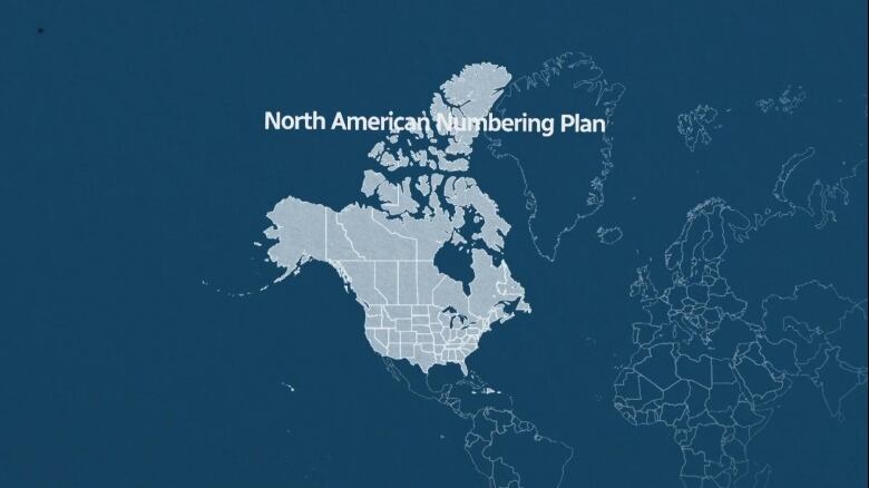 A map of North and South America with highlighted sections of the regions that take part in the North American Numbering Plan. 