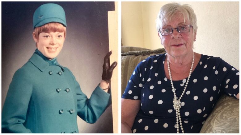 This composite photo shows a young woman in a flight attendant uniform at left and the same woman, now 75, as she appears today.