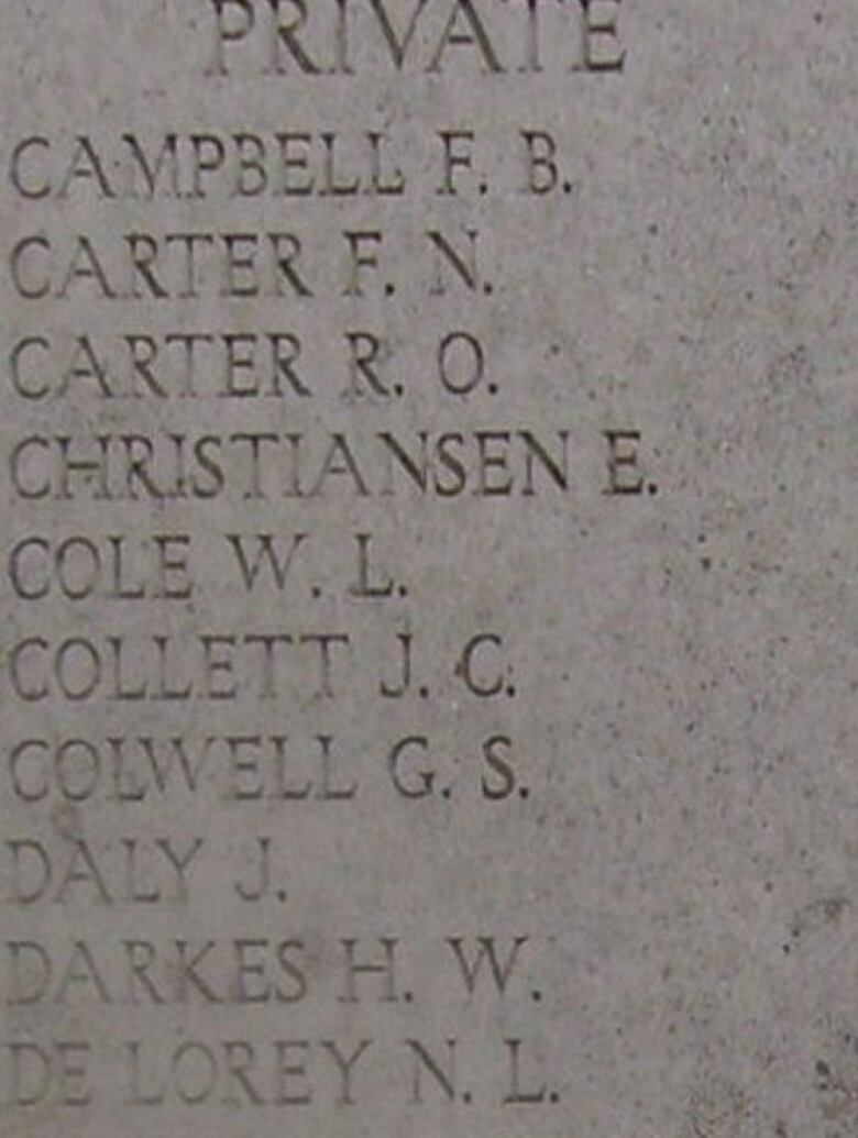 A photo of a stone memorial engraved with a list of soldier's names.