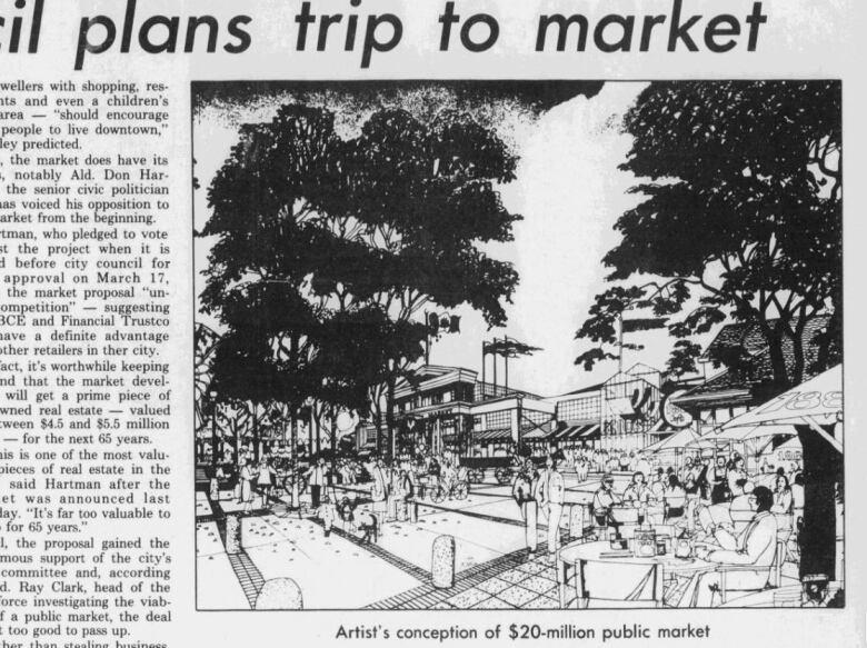 A newspaper clipping that features a rendering of an Eau Claire market that uses the former transit garages.