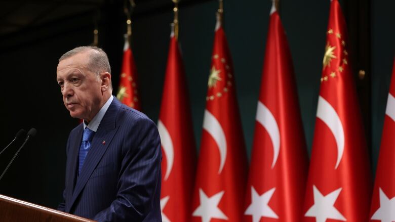 A man speaks from a podium with several flags lining the wall behind him.