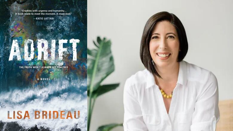 A composite photo of a book cover featuring the ocean and the book's author, a woman in a white dress shirt with a crisp brunette bob.