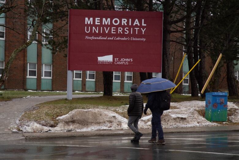 Two pedestrians walk near a sign for Memorial University.