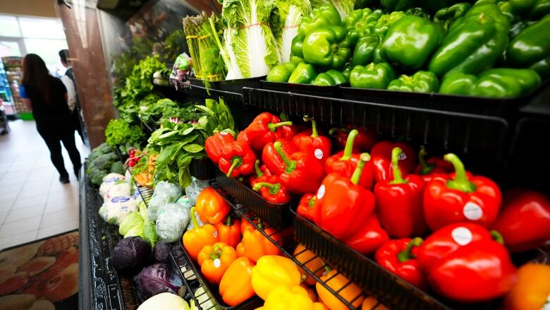 Brightly coloured bell peppers, lettuce greens and cabbage are displayed in the produce aisle of a grocery store.