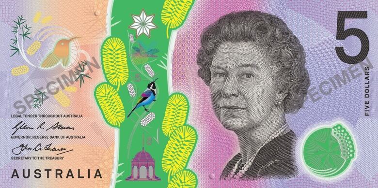 An Australian $5 banknote featured an image of Queen Elizabeth is pictured.