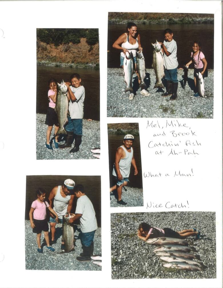 A collage of photos showing the Thompson family catching wild salmon.