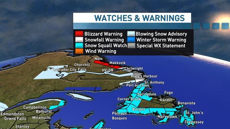 A weather graphic outlining Newfoundland and Labrador with colours showing the varying weather warnings for portions of the province. 