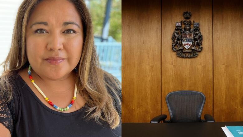 A woman with brown hair, wearing a black t-shirt and a colourful beaded necklace, smiles lightly at the camera, on the right is a photo of a chair with a wood background