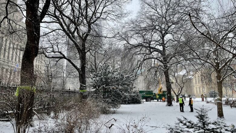 Trees can be seen as snow falls. Construction workers are seen in the background.