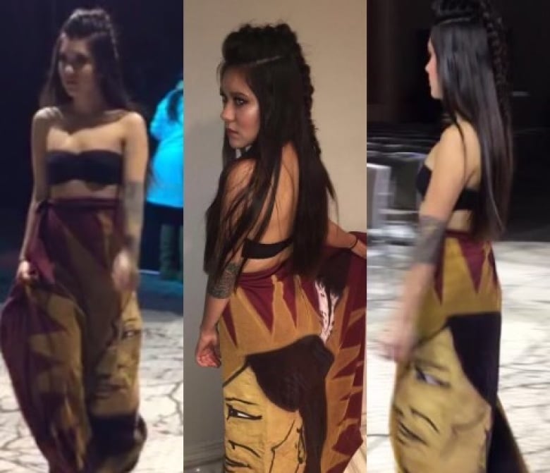 Three photos of a woman walking down a runway.