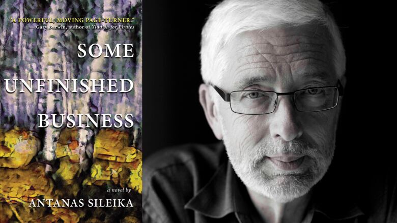 A book cover that features a painting of a forest floor. The book's author, a man with short white hair and glasses.