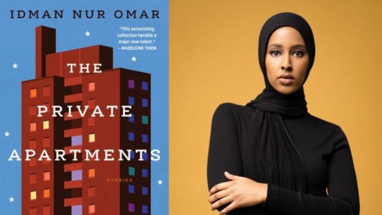 A book cover featuring an illustration of an apartment building. The book's author, a young woman wearing a black hijab.