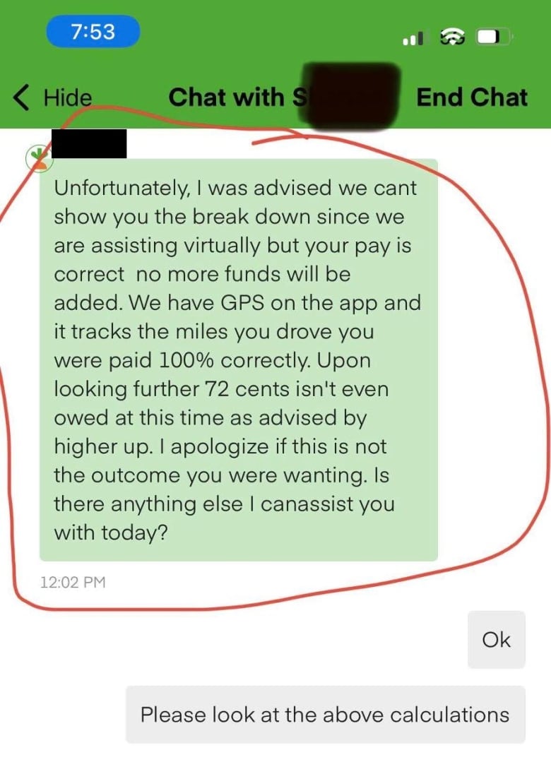 A screen shot from an exchange between an Instacart shopper and an online support agent says: 