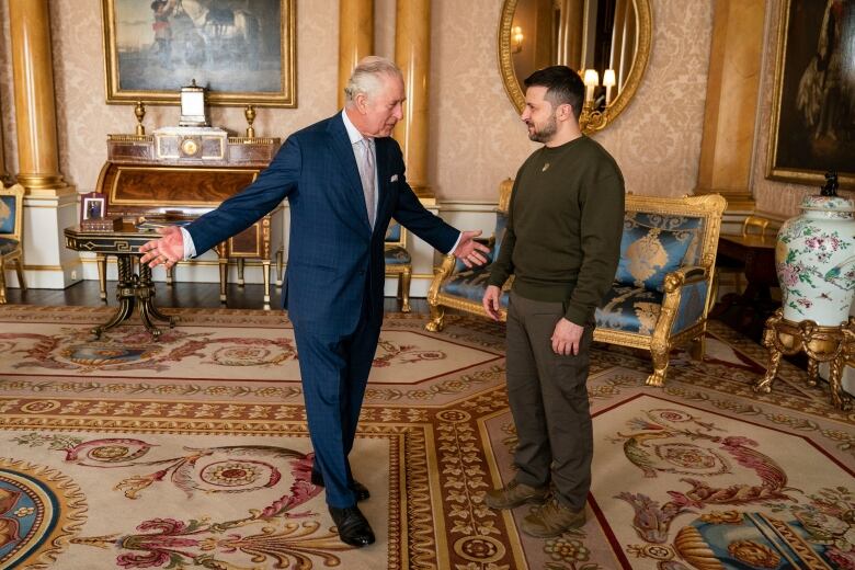 King Charles meets with Ukrainian President Volodymyr Zelenskyy at Buckingham Palace.