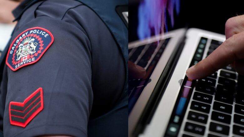 two photos side by side - on the left is a close up of a policer badge, on the right a person presses the spacebar of a macbook