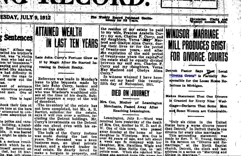 A newspaper headline reads 'Windsor Marriage Mill Produces Grist for Divorce Courts.'