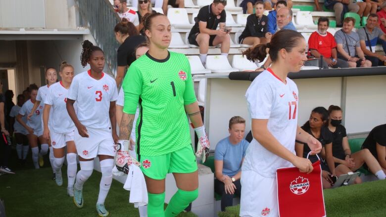 A women's soccer team walks onto the field.