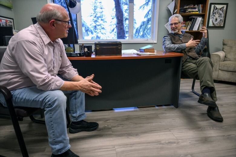 Two men chilling in an office.