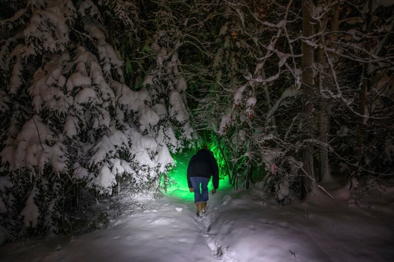 Man carrying green flashlight walks into dark, snowy woods.