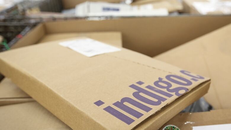 A cardboard package from Canadian bookstore Indigo is shown on a pile of other packages.