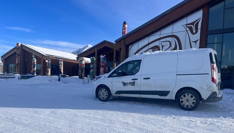 A white van with an emblem on it is parked outside a community centre. It's a sunny winter day.