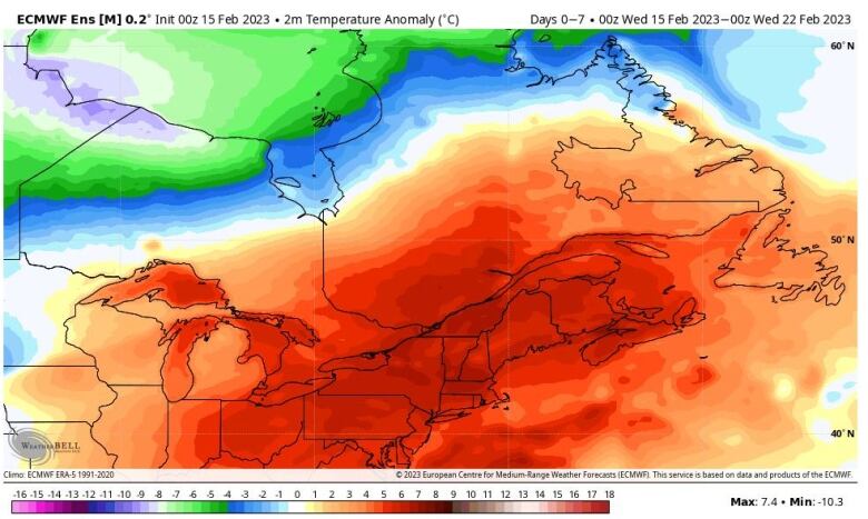 Temperature anomalies across the Maritimes for the next 7 days are forecasted to be 4 to 6 degrees above normal, on average.