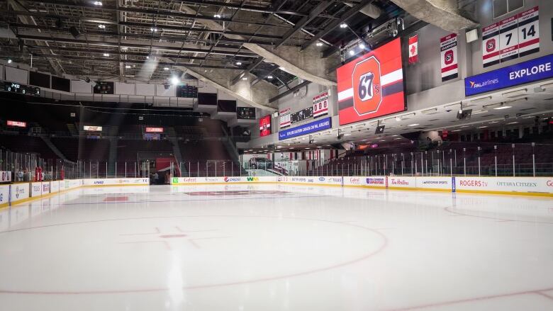 A view of a junior hockey arena from ice level.