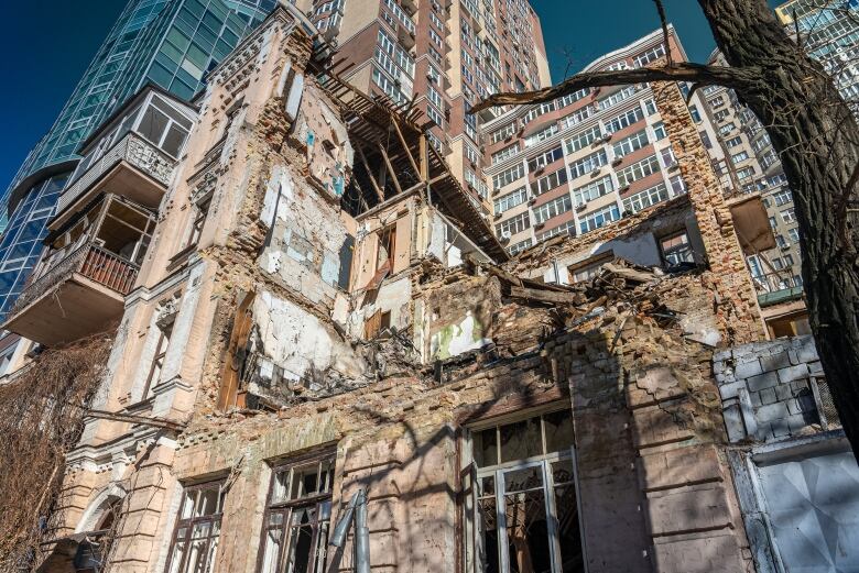 A view of a building severely damaged by Russian attacks in Kyiv.