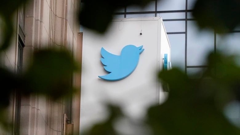 A sign of the blue bird Twitter logo on its headquarters office building.