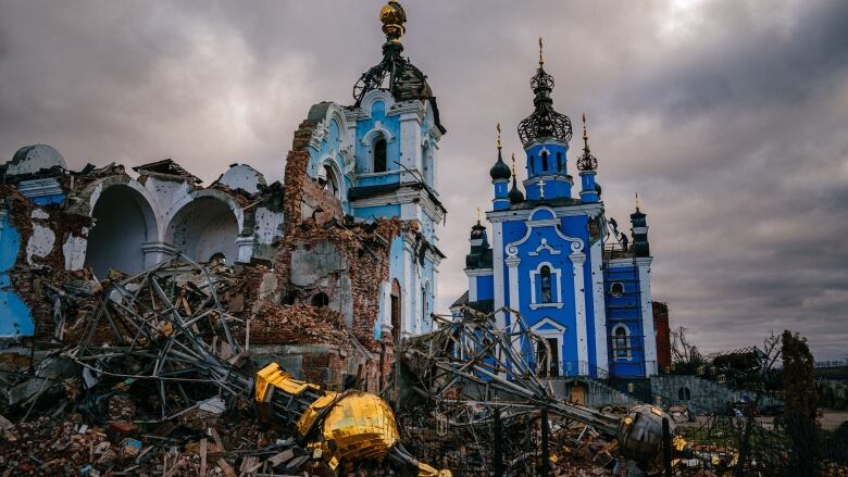 A destroyed church in the Donetsk region of Ukraine.