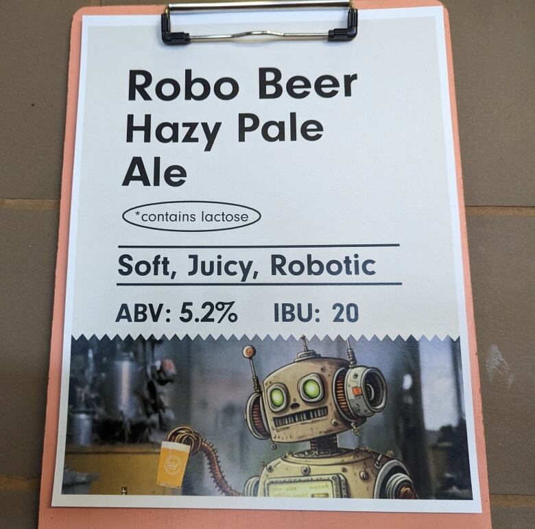 A sign reading Robo Beer Hazy Pale Ale, contains lactose, soft, juicy, robotic