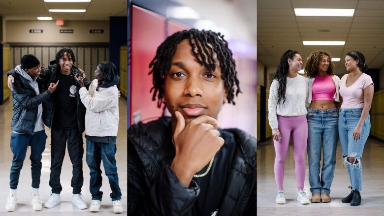 A collage of three photos. The first has a group of three boys posing, the second is a portrait of one student, and the third is three ladies hugging in the school hallway.