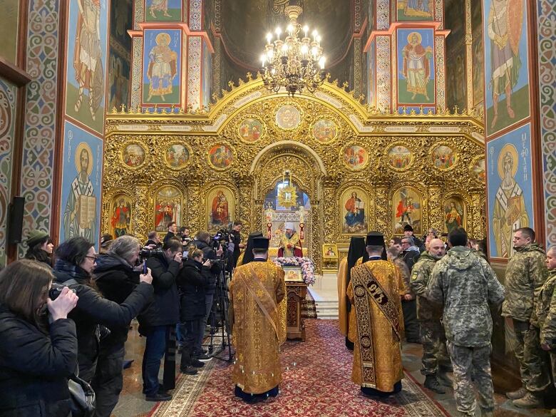 St. Michael's Golden-Domed Monastery in Kyiv hosts a ceremony to honour soldiers who fought to defend the capital in Kyiv, Ukraine on Feb, 24, 2023.