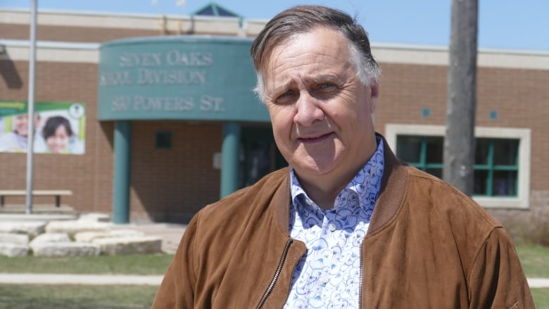 A man in a brown jacket standing in front of a building