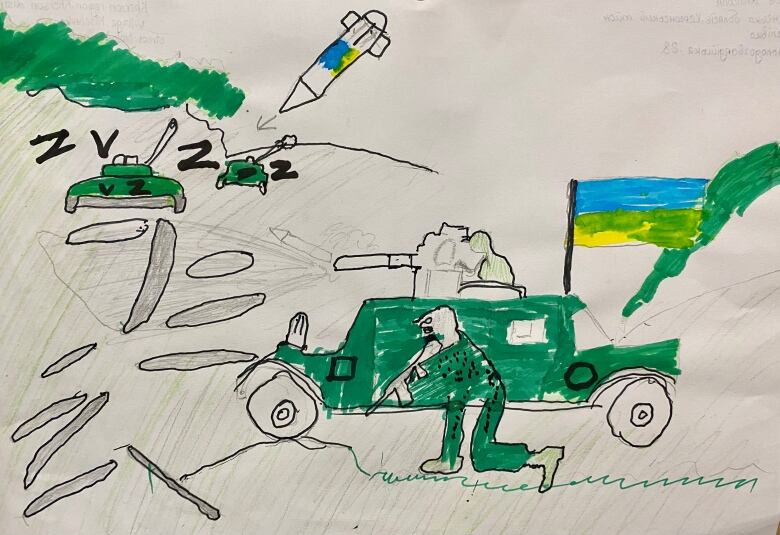 A child's drawing shows two tanks firing at each other, one of which has a Ukrainian flag.