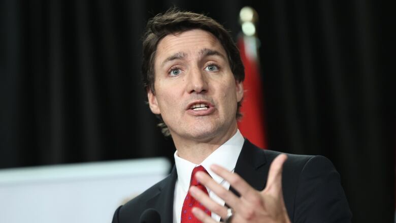 Prime Minister Justin Trudeau speaks at a news conference at the Canadian head office of AstraZeneca Canada in Mississauga, Ont., on Feb. 27, 2023.