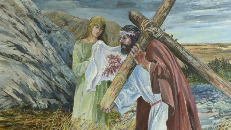 A painting depicts Jesus carrying a cross, with a woman standing behind him.