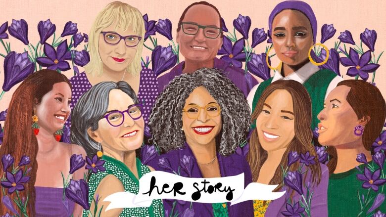 An image of eight, illustrated women with purple crocuses in celebration of International Women's Day 2023.