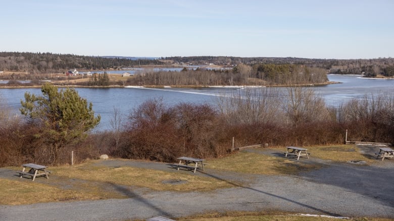 The view shows picnic tables in the foreground and a wooded hill sloping away to a wide expanse of grey-blue water. There's a small peninsula and rolling hills in the background with bare trees beyond and some small homes.