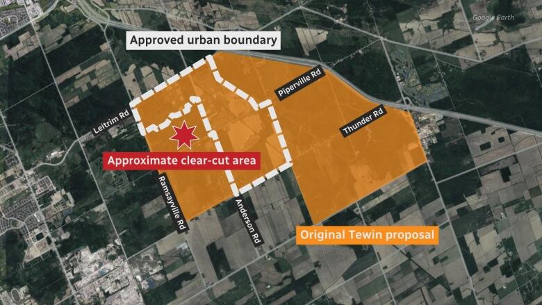 A map showing the larger Tewin area first proposed by the Algonquins of Ontario and Taggart, and the location of the clear-cutting north of Piperville Road.