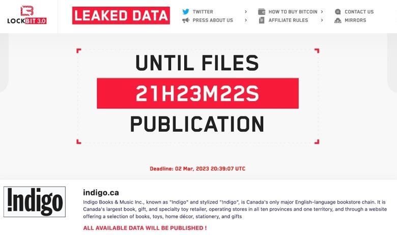 A screengrab showing ransomware group LockBit's forum, where it threatens to release data stolen from Indigo if a ransom is not paid by 3:39 p.m. ET on March 2, 2023.