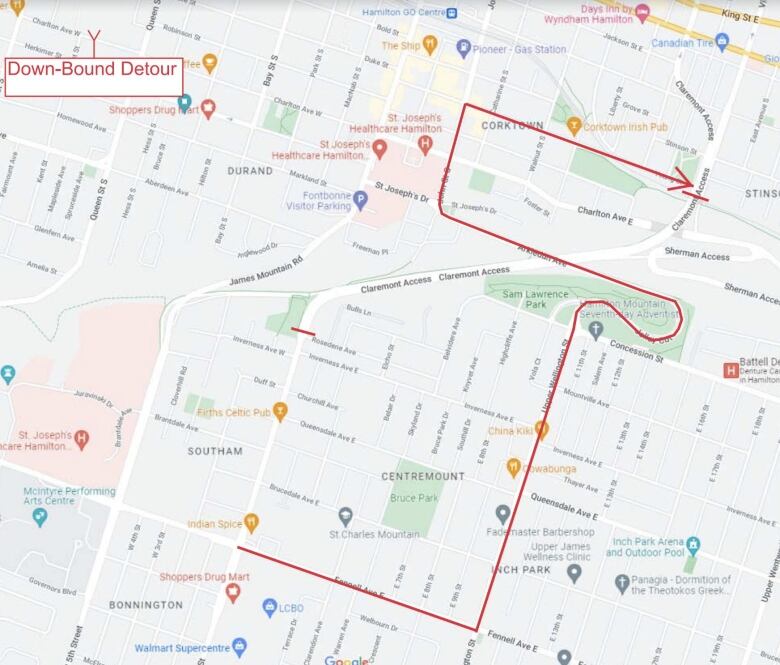 A map of the Claremont Access detour.