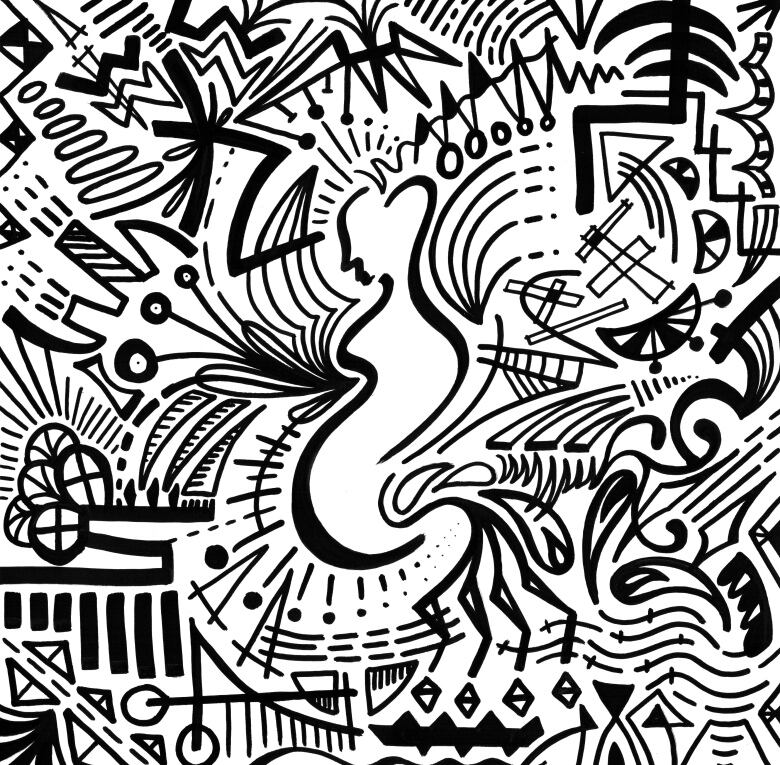 Black and white ink illustration depicting female form in a swirl with other abstract shapes around the body outline.