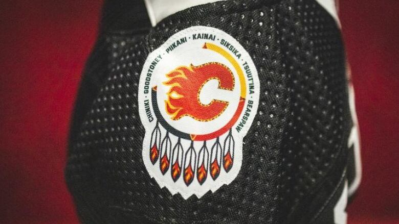 On a black jersey, a white patch bears the Calgary Flames 