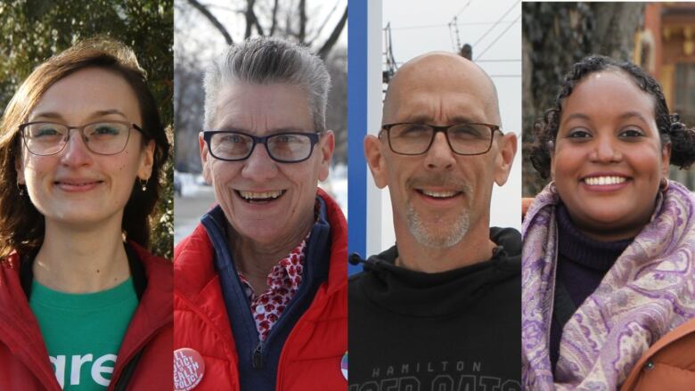 Party candidates in the upcoming byelection in four frames including three women and a man. 