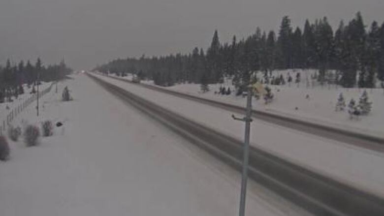 The Coquihalla, Highway 5, seen in a DriveBC highway cam at noon on March 3, was closed due to congestion and extreme winter weather. It's now open as of Saturday evening.