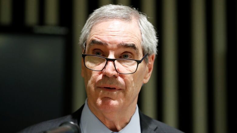 A man with grey hair and wearing glasses speaks at a microphone.